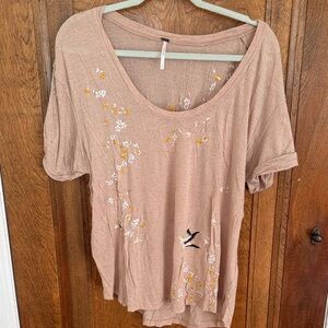 Free People Tan Floral Short Sleeve Tee